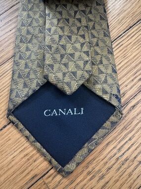 Canali Silk Tie Olive/Gold/ Navy Triangle Pattern